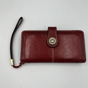 Sendefn Wallet Red Leather Credit Card Holder‎ Rfid Blocking Large Wrist Strap